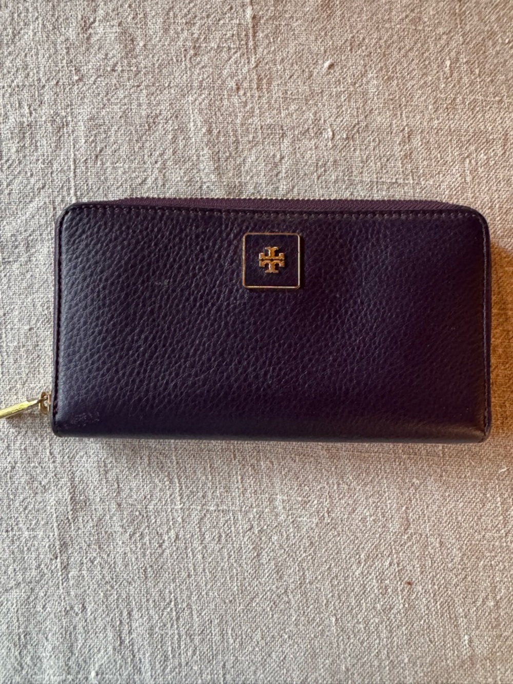 Tory Burch Purple Pebbled Leather Zip-Around Wallet with Gold Logo
